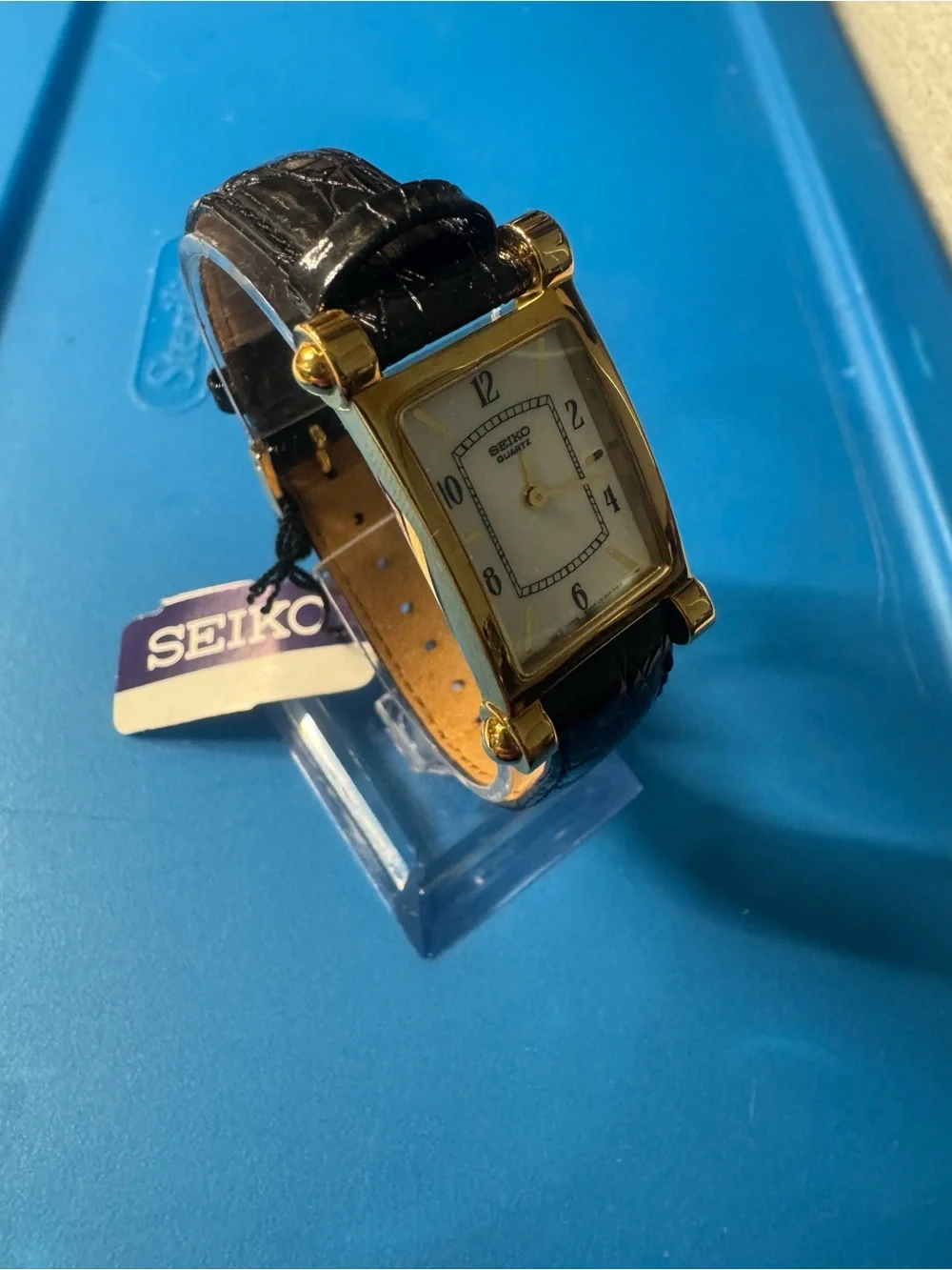 Seiko Gold-Tone Rectangular Quartz Watch with Black Strap